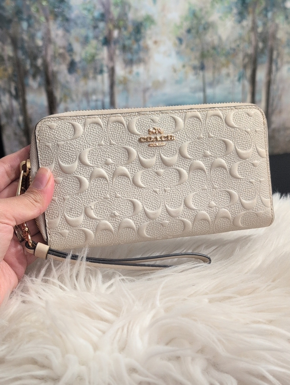 Coach Long Zip Around Wallet in Debossed Signature Leather (Chalk/Ivory)